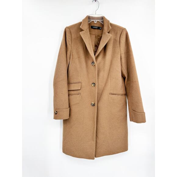 Lauren Ralph Lauren Camel Tan Wool Blend Reefer Menswear Style Overcoat Size 6 - Picture 2 of 7